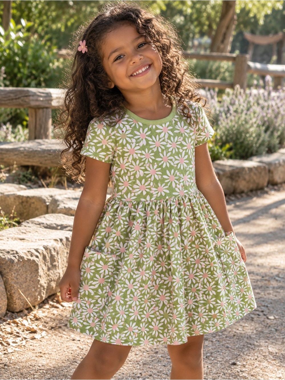 Brand New Hannah Andersson — Girls' Green Daisy Print Pocket Dress